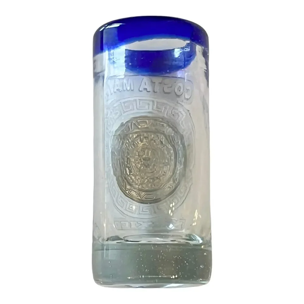 VTG Hand Blown DOUBLE SHOT GLASS Costa Maya Mexico Blue Rim Silver Medallion